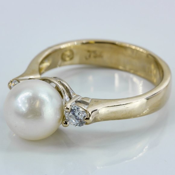 18k Yellow Gold Pearl and CZ Cubic Zirconia Gemstone Anniversary / Cocktail Ring - Picture 2 of 4